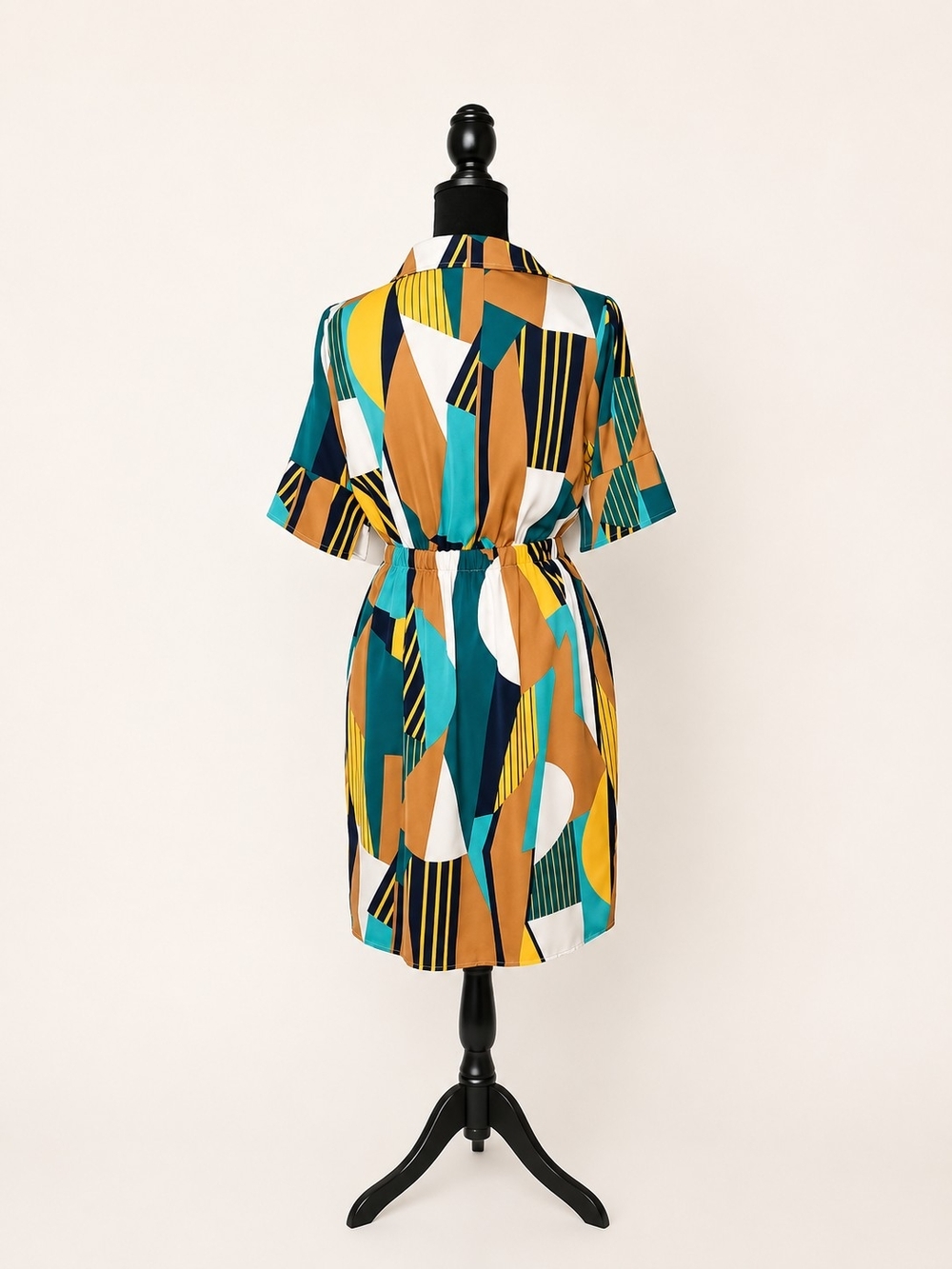 GRACIA Shirt Dress Womens Small Multicolor D31230 Abstract Geometric Tie Waist - Picture 7 of 7
